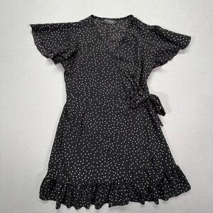 Relipop Women Dress Wrap‎ Black Polka Dot Ruffle Flutter Sleeve L